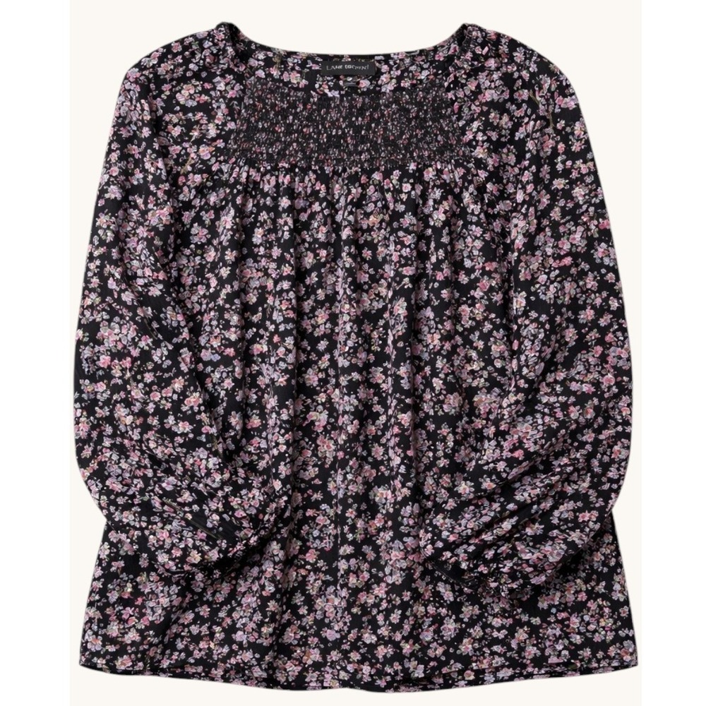 Lane Bryant Size 22 Floral Blouse Black Pink Metallic Thread Smocked Rayon Top